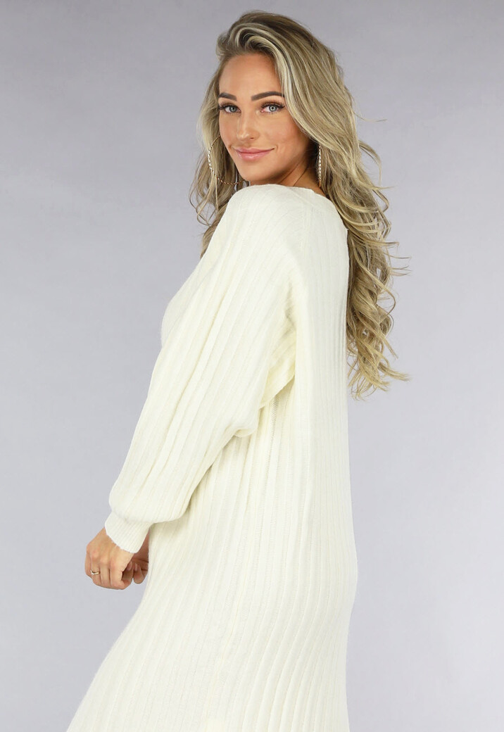 Witte Gebreide Trui Jurk van Ribstof