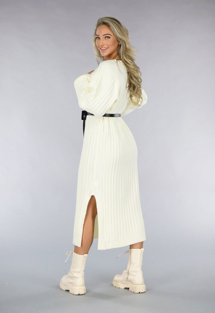 Witte Gebreide Trui Jurk van Ribstof