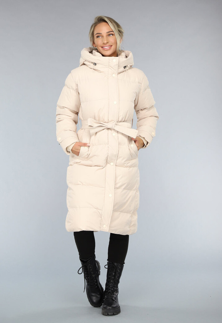 Lange Gewatteerde Beige Winterjas met Tailleband