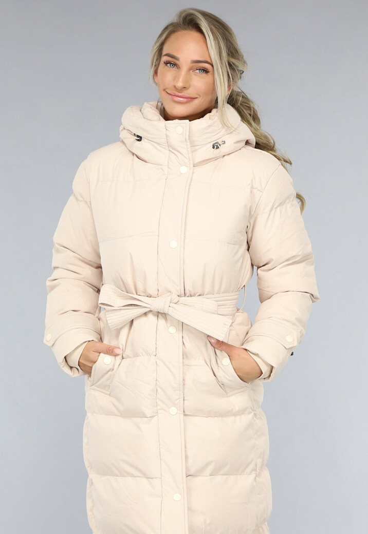 Lange Gewatteerde Beige Winterjas met Tailleband