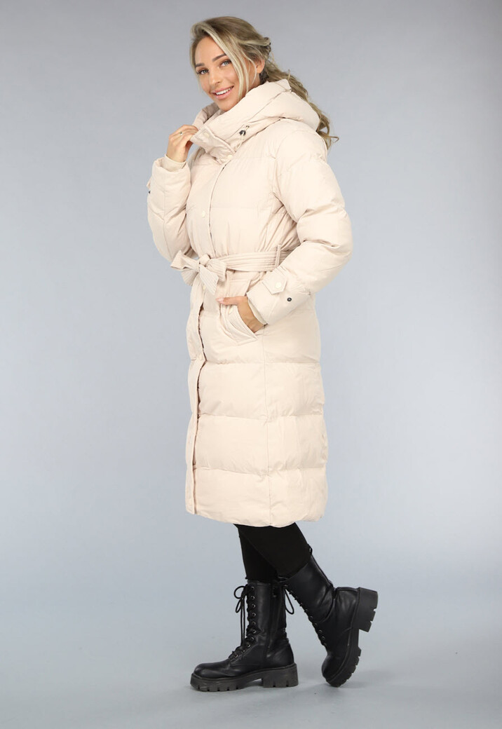 Lange Gewatteerde Beige Winterjas met Tailleband
