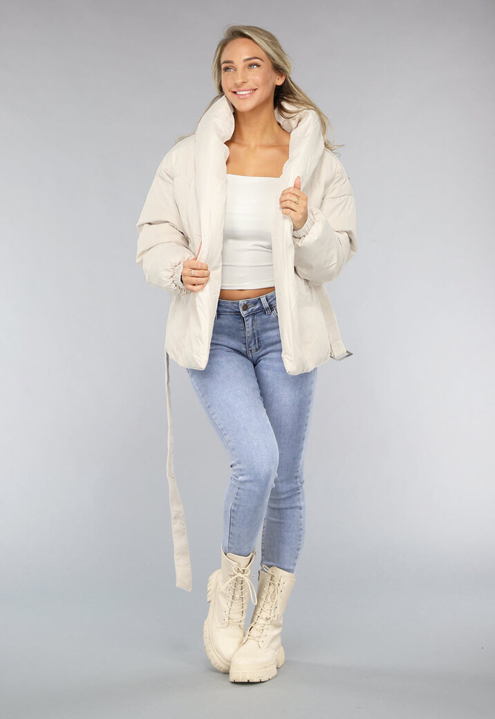 Beige Puffer Jas met Dikke Kraag