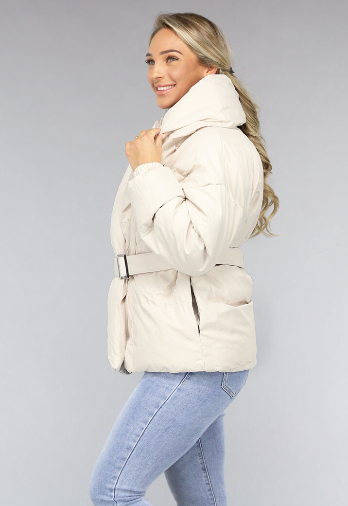Beige Puffer Jas met Dikke Kraag