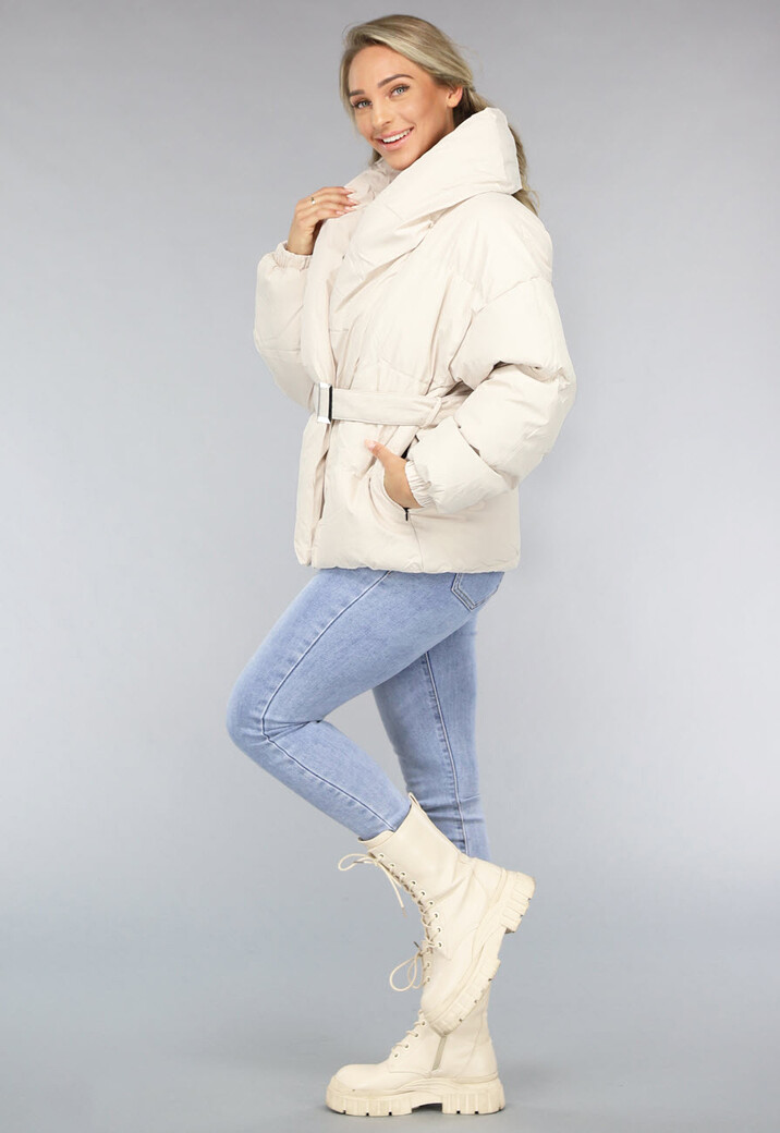 Beige Puffer Jas met Dikke Kraag