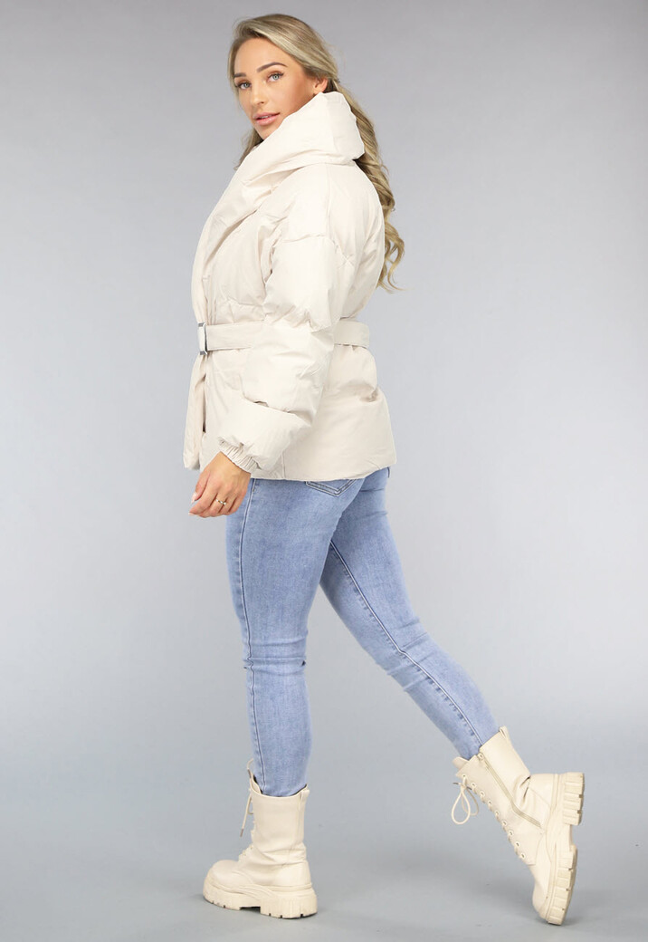 Beige Puffer Jas met Dikke Kraag