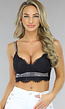 Zwarte Kanten Crop Top met Glitter Steentjes
