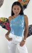 Blauwe Holografische Metallic One Shoulder Bodysuit