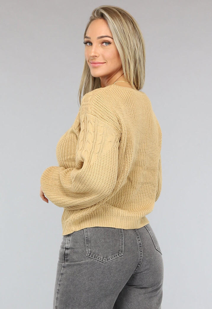 Camel Kabel Gebreide Trui met Pofmouwen