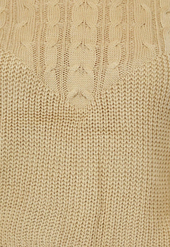 Camel Kabel Gebreide Trui met Pofmouwen