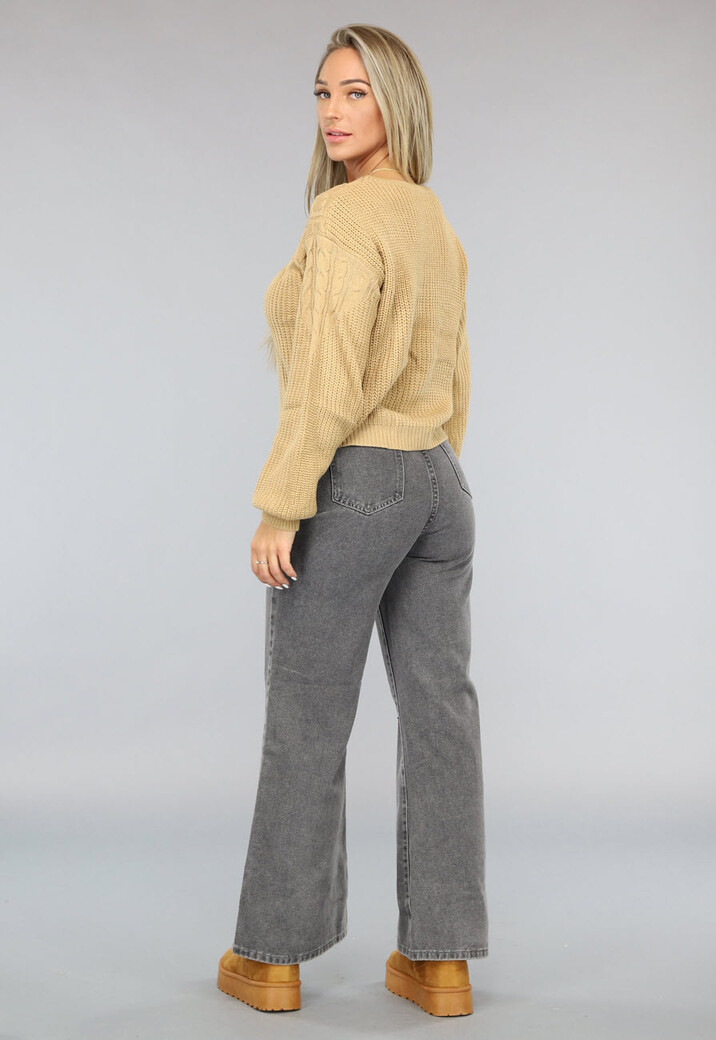 Camel Kabel Gebreide Trui met Pofmouwen