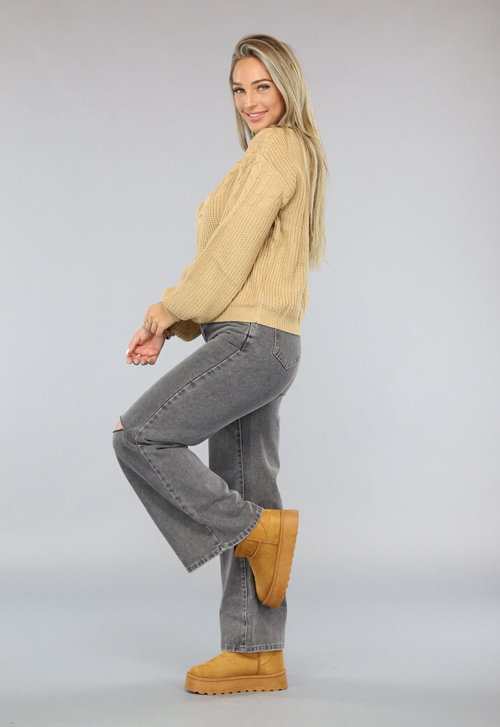 Camel Kabel Gebreide Trui met Pofmouwen