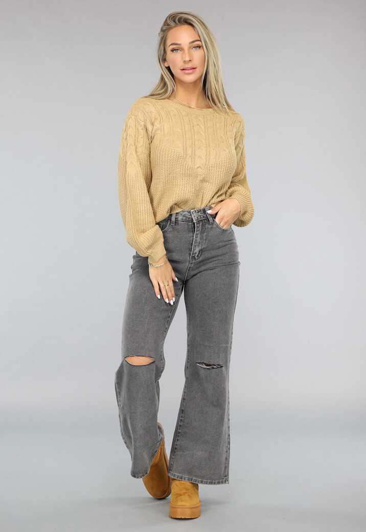 Camel Kabel Gebreide Trui met Pofmouwen