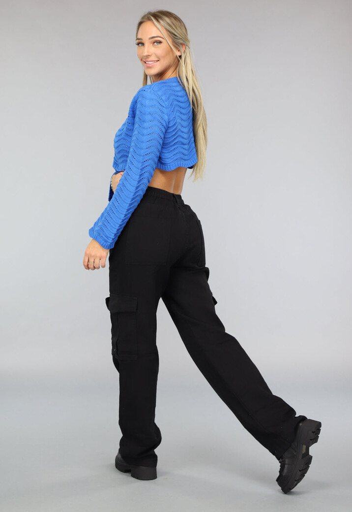 Blauw Golvend Cropped Truitje met Trompet Mouwen