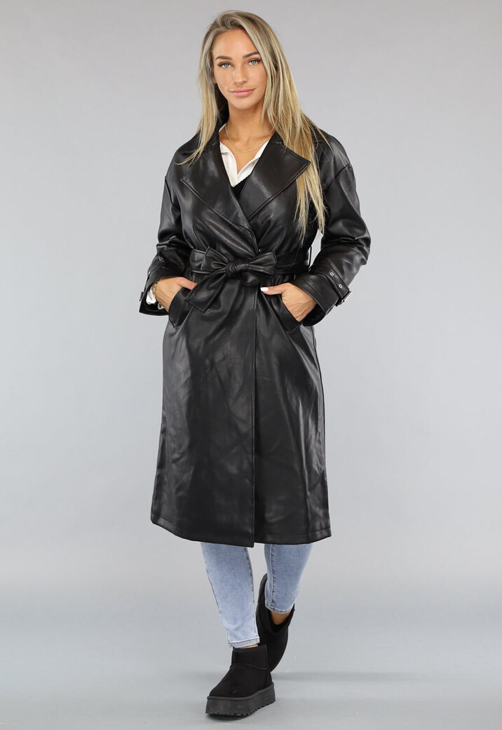 Lederlook Trenchcoat in Zwart