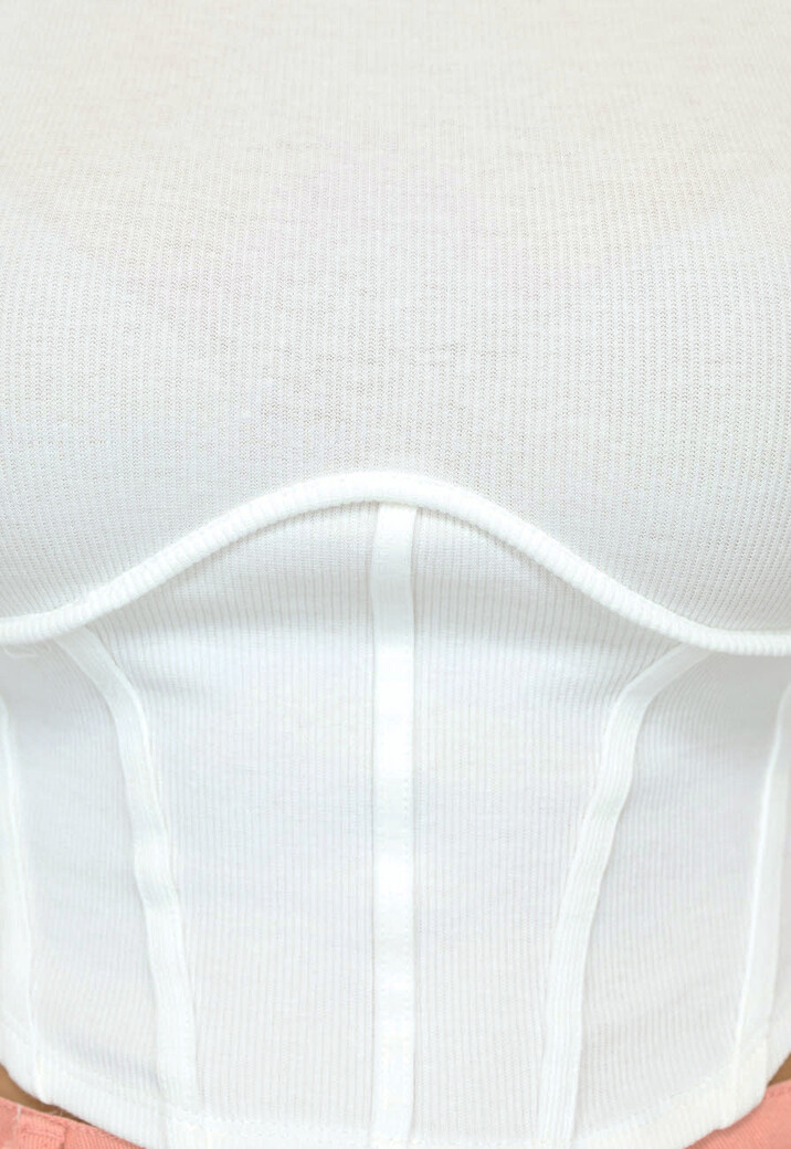 Rib Gebreide Witte Longsleeve Top met Korset Detail