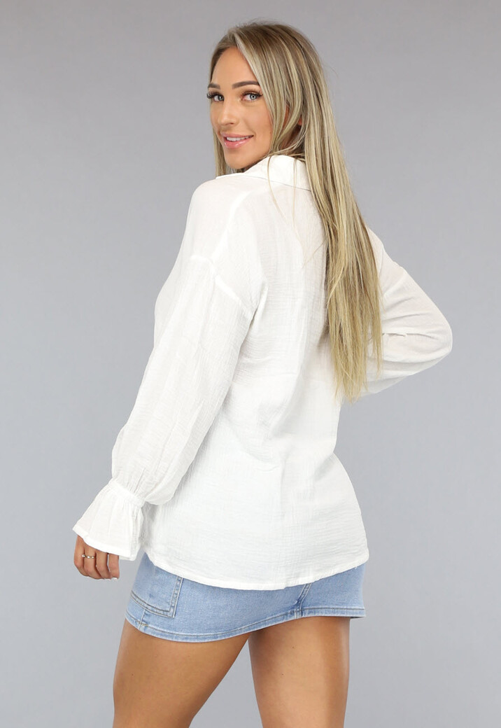 Witte Mousseline Blouse met Trompetmouwen
