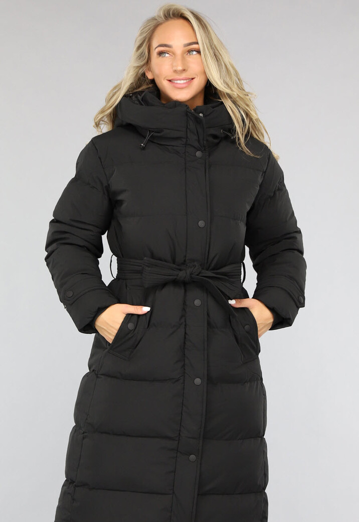 Zwarte Lange Donsjas met Tailleband