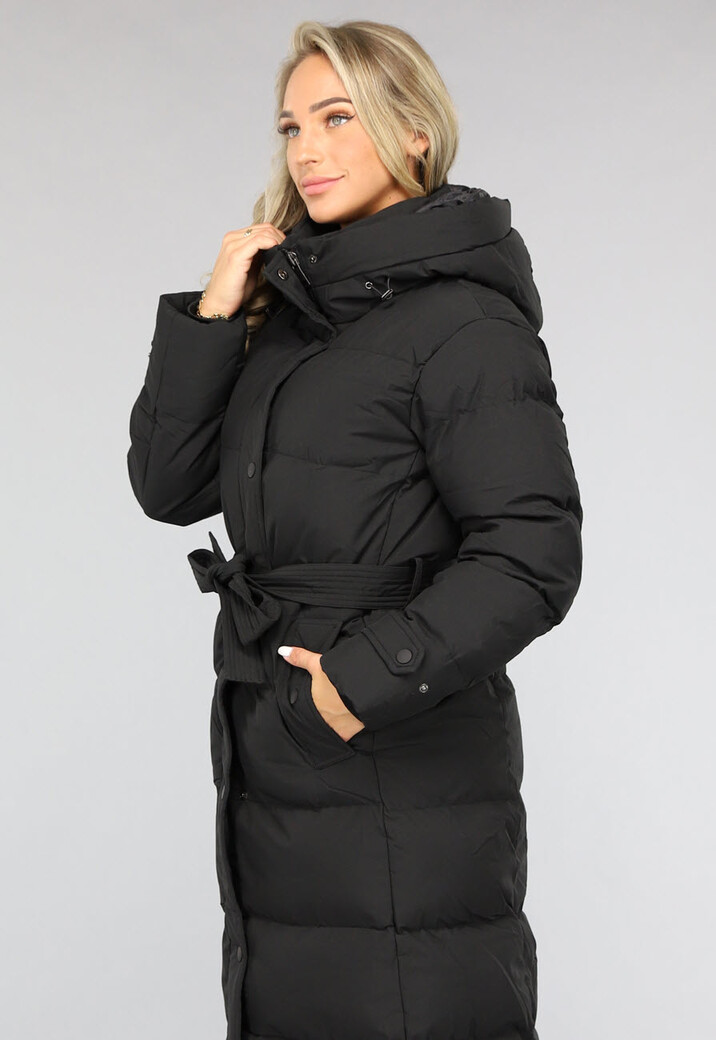 Zwarte Lange Donsjas met Tailleband