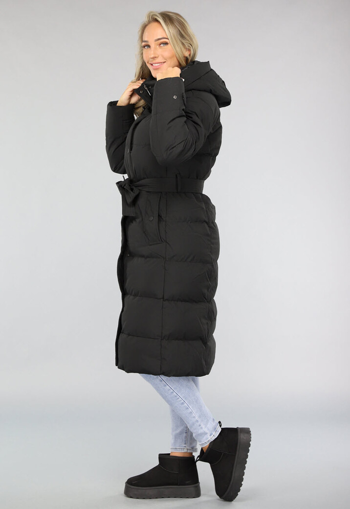 Zwarte Lange Donsjas met Tailleband