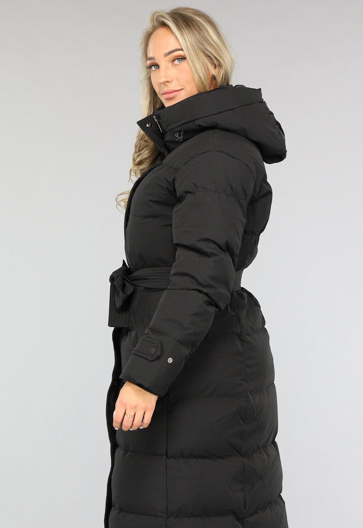 Zwarte Lange Donsjas met Tailleband