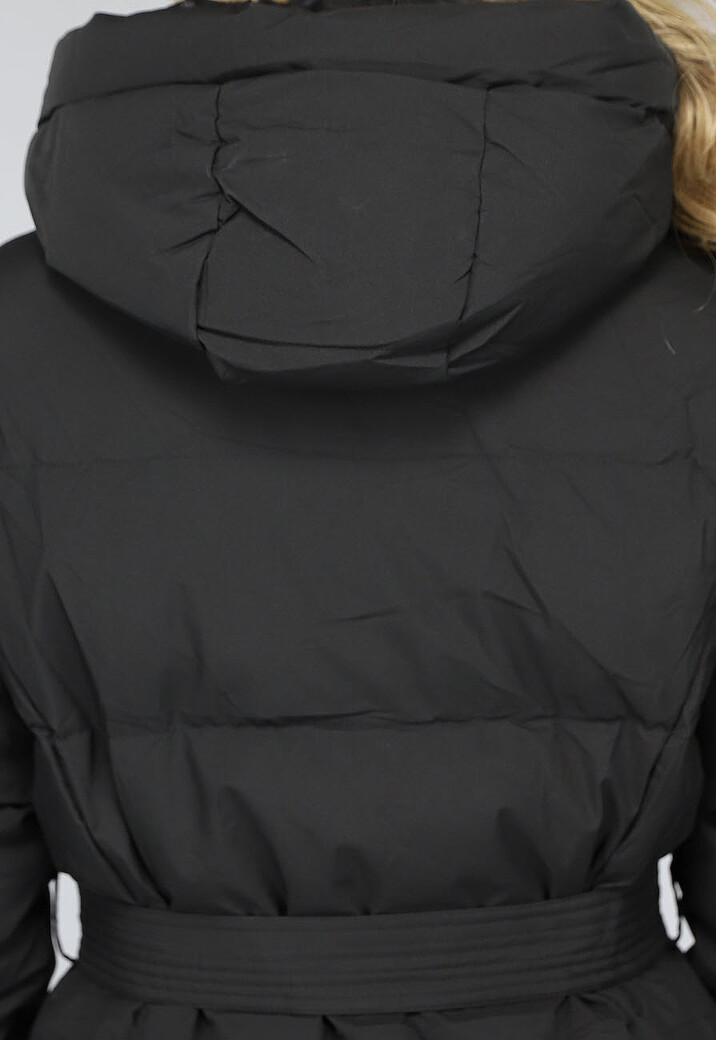 Zwarte Lange Donsjas met Tailleband