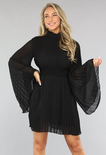 Zwarte Chiffon Plissé Jurk