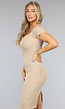 Taupe Rib Gebreide Bodycon Jurk met Split