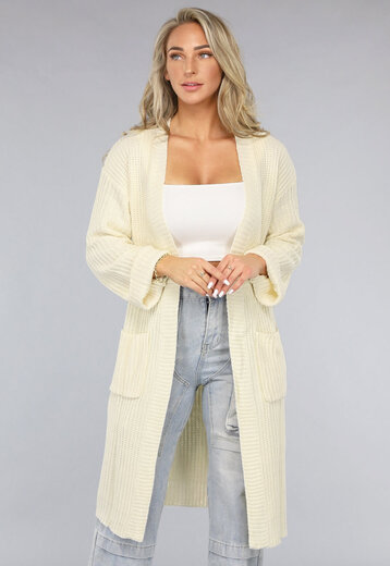 SALE50 Lange Beige Cardigan met Omgeslagen Mouwen