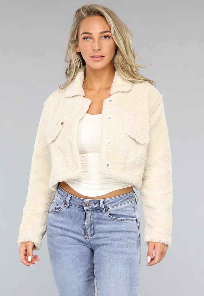 Beige Cropped Teddy Jas met Knopen