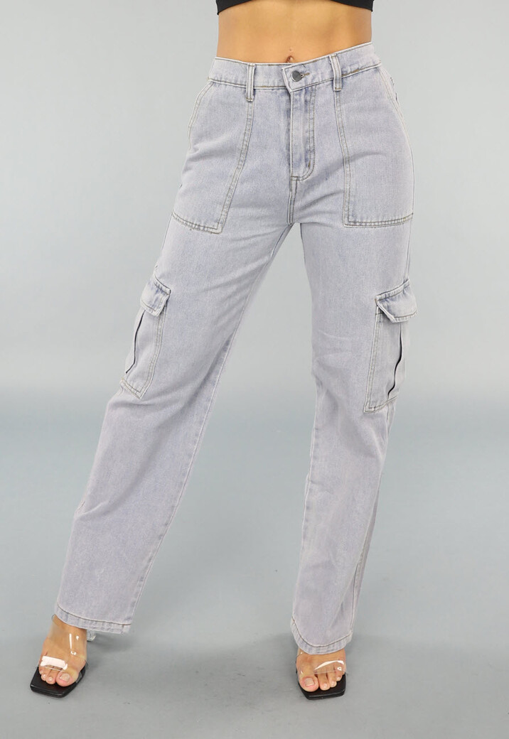 Rechte Denim Cargo Jeans met Hoge Taille