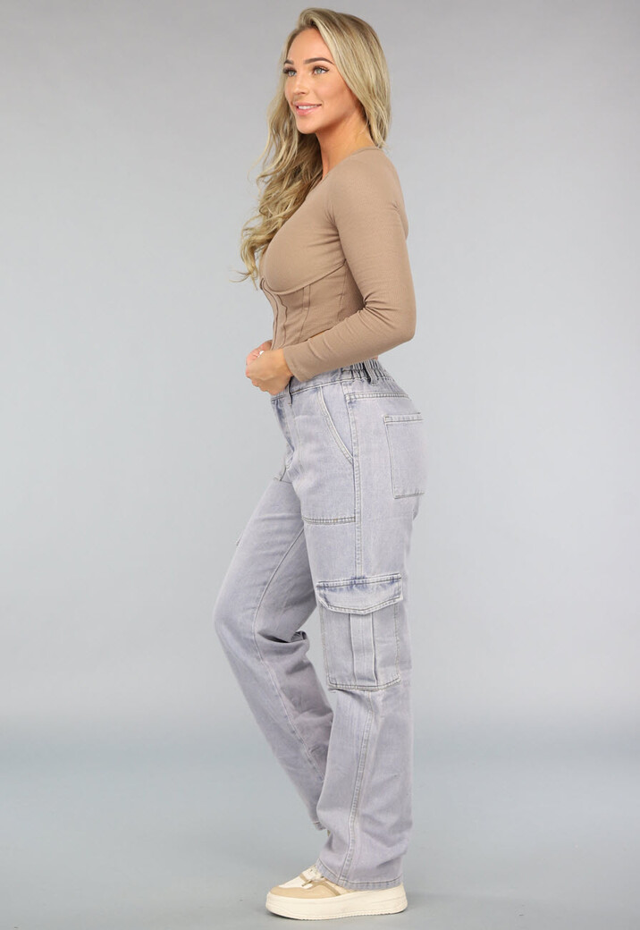 Rechte Denim Cargo Jeans met Hoge Taille