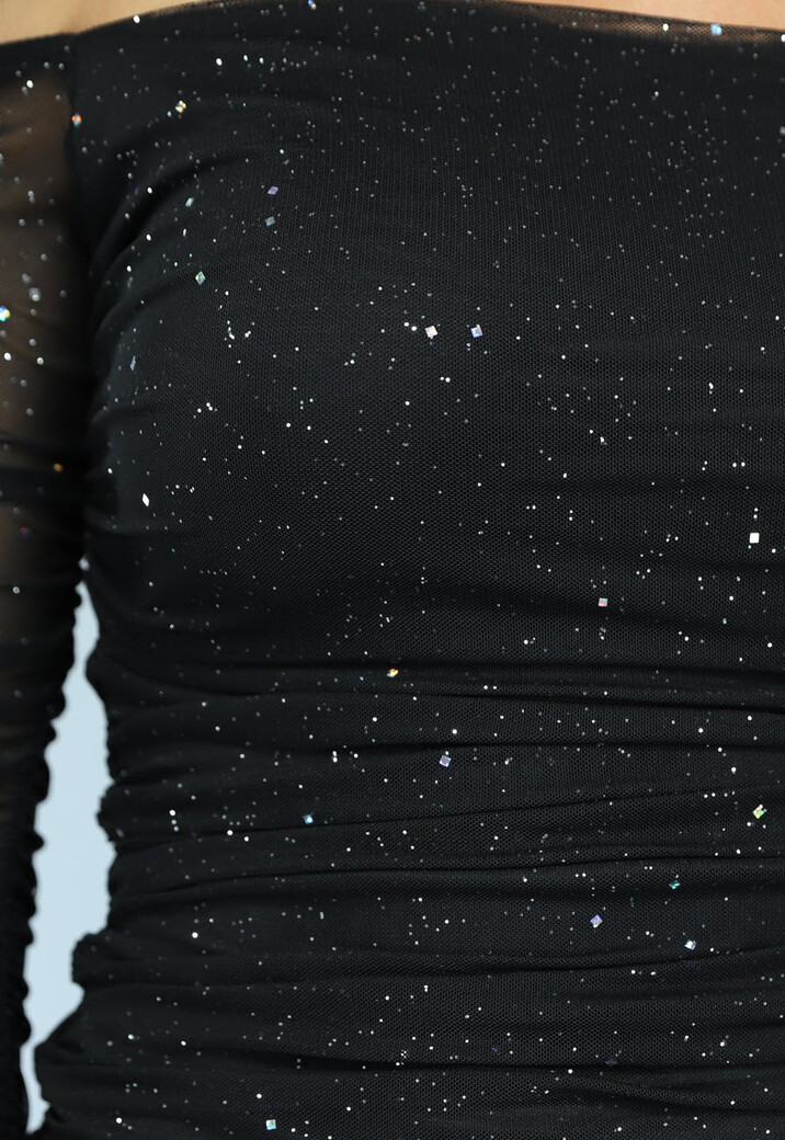 Geplooide Glitter Off Shoulder Jurk van Mesh