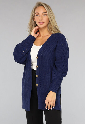 SALE50 Gebreide Navy Cardigan met Pofmouwen