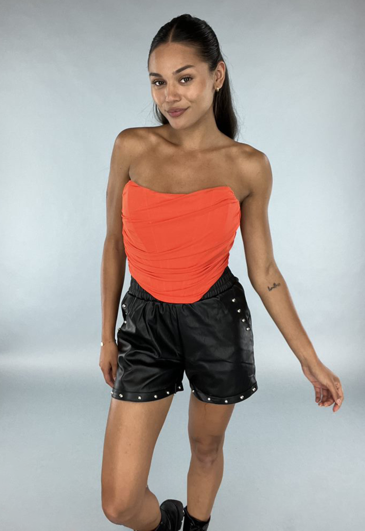 Oranje Mesh Korset Top  met Gedrapeerd Detail