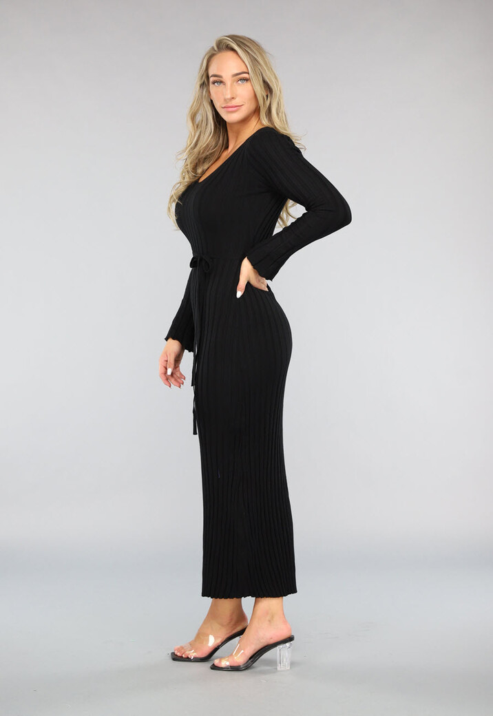 Zwarte Lange Getailleerde Jurk met Grove Rib