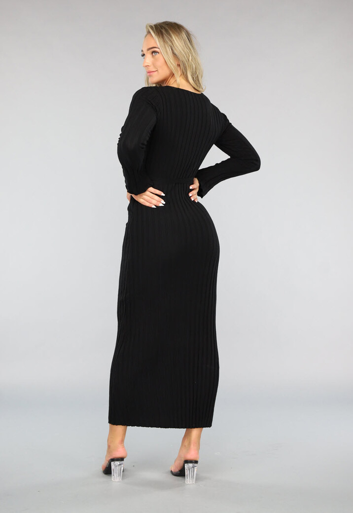 Zwarte Lange Getailleerde Jurk met Grove Rib