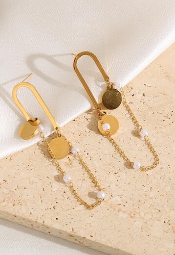 Gouden Parel Oorhangers met Kettinkje