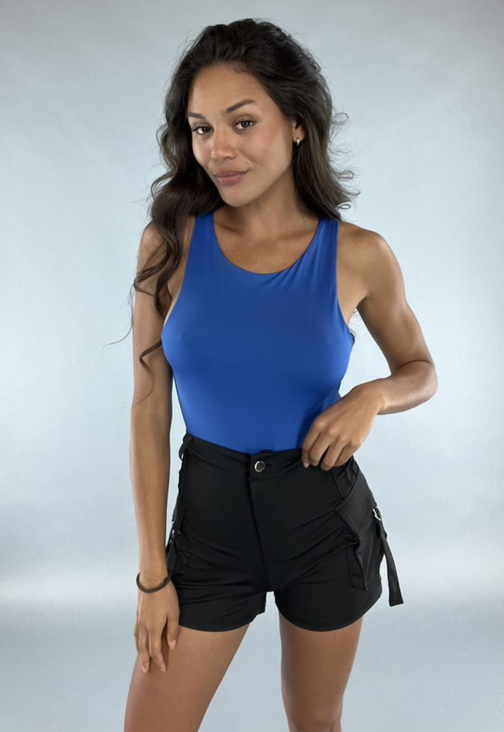 Blauwe Elastische Bodysuit met Hoge Kraag