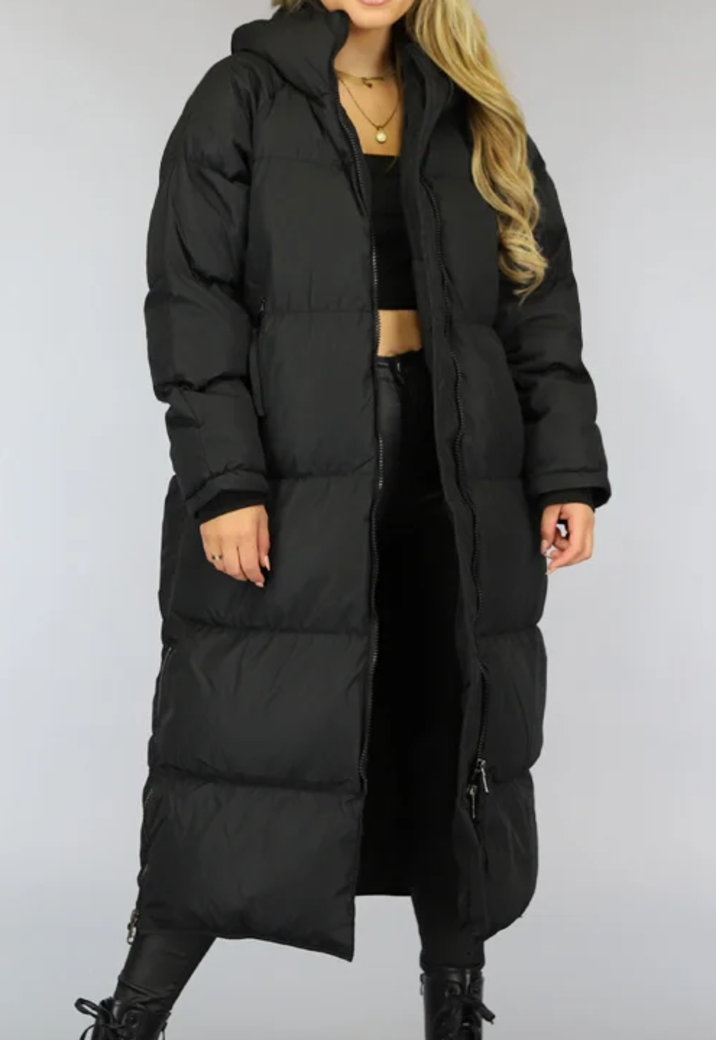 Zwarte Gewatteerde Lange Oversized Winterjas