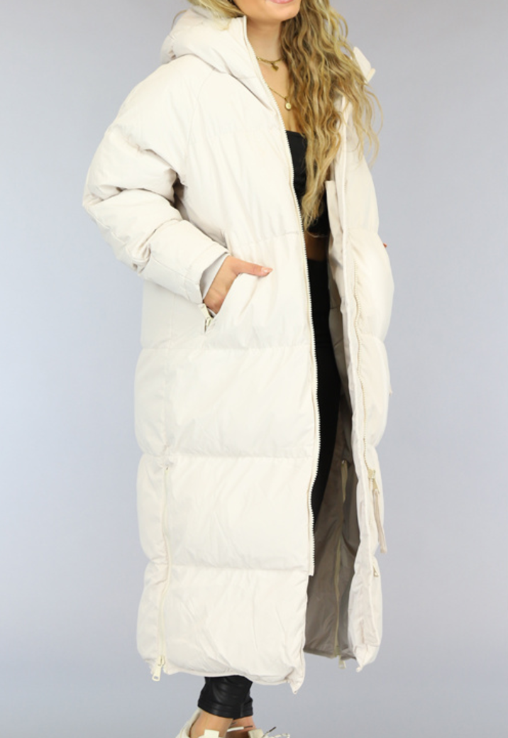 Beige Gewatteerde Lange Oversized Winterjas