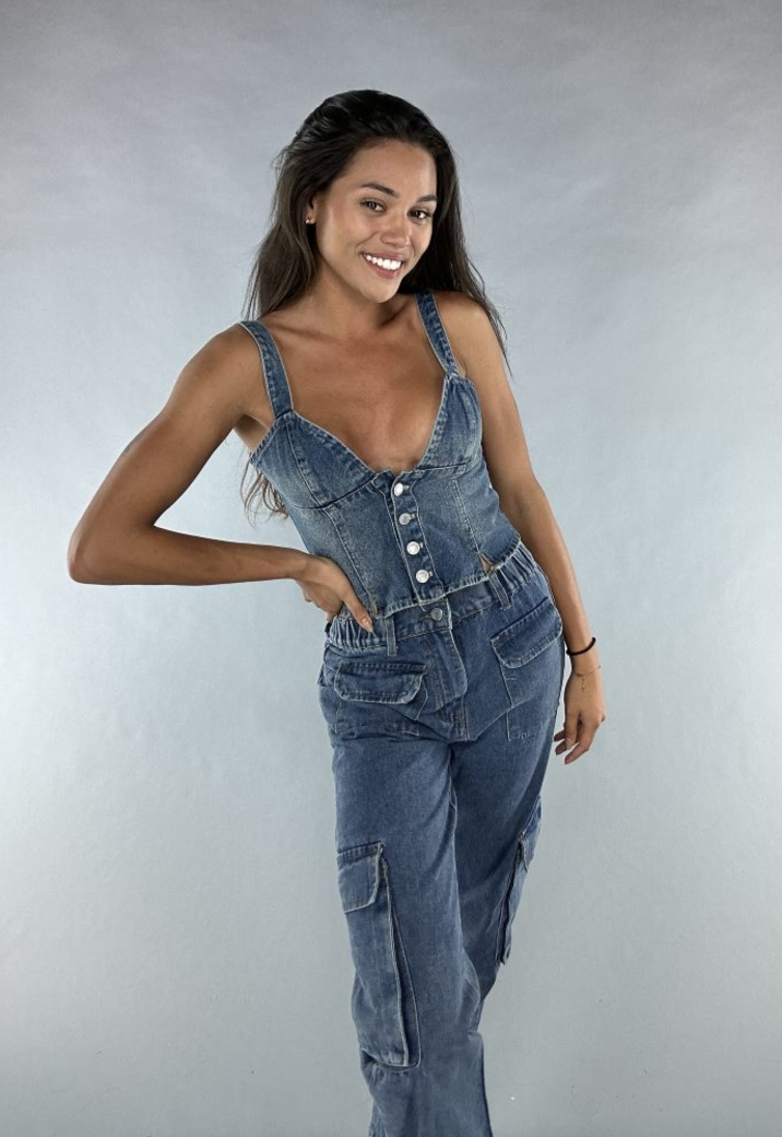 Triangel Top met Knopen in Jeans Stof