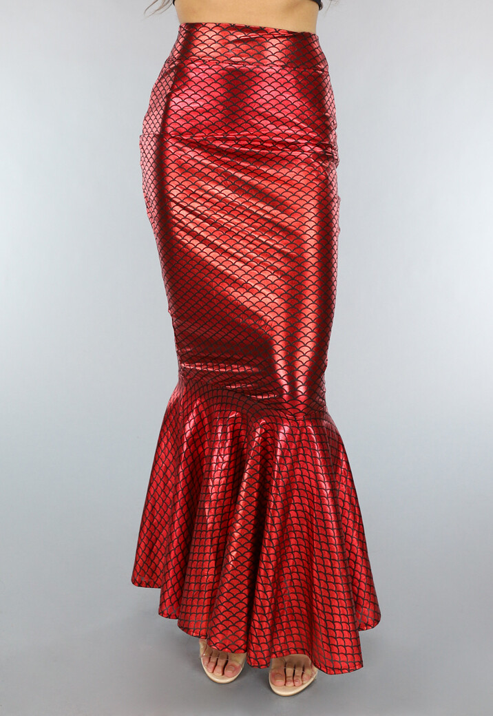Metallic Zeemeermin Rok in Rood met Schubbenpatroon