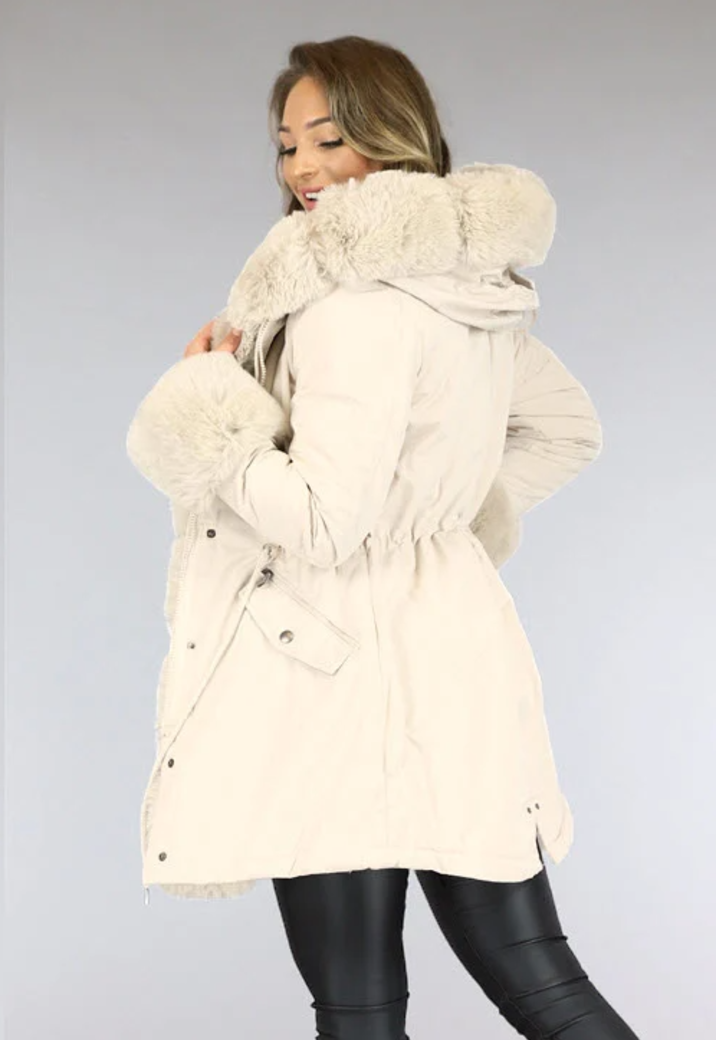 Beige Faux Fur Gevoerde Winterjas