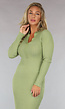 Lange Groene Rib Jurk met Opstaande Kraag