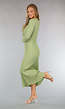 Lange Groene Rib Jurk met Opstaande Kraag