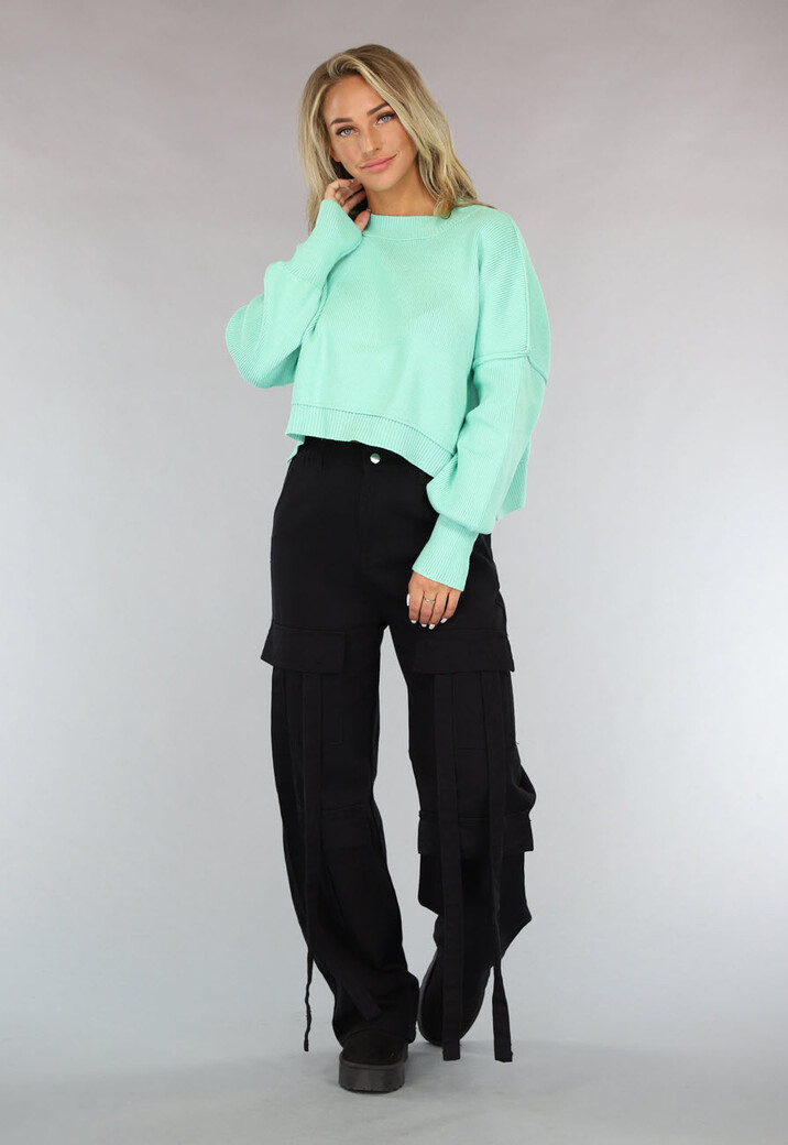 Gebreide Trui met Zichtbare Naden in Turquoise