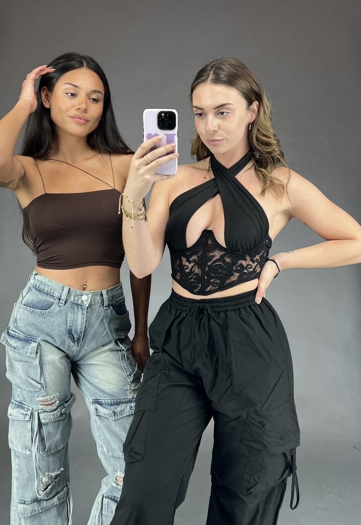 Kanten Top met Knoopdetail Zwart