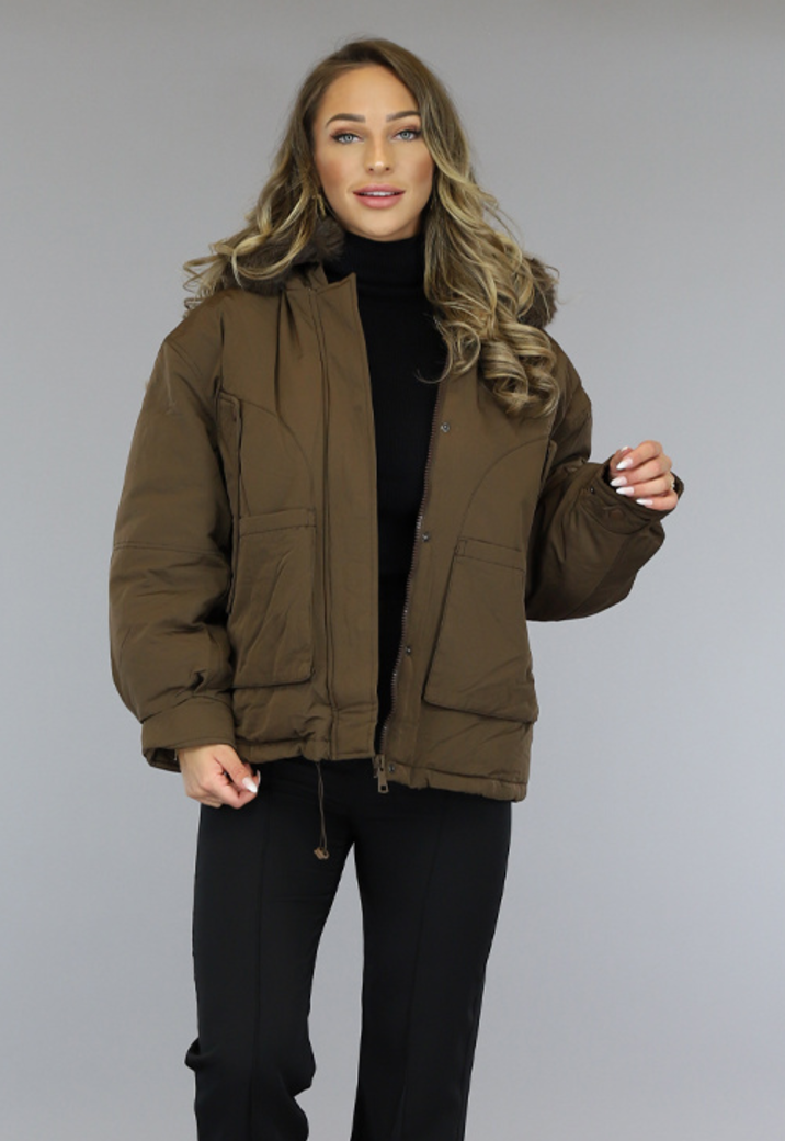 Bruine Oversized Winter Jas met Bontkraag