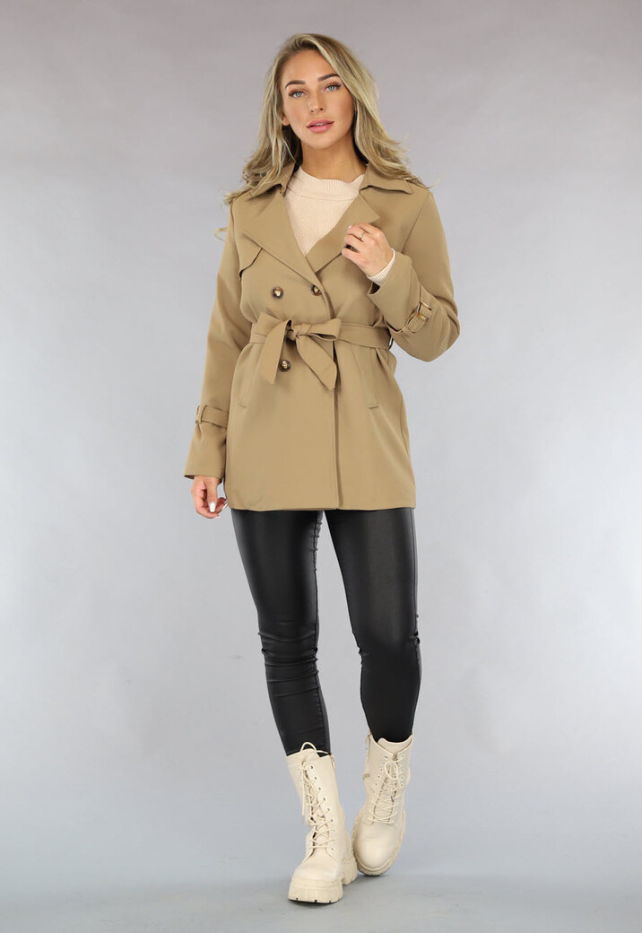 Camel Trenchcoat met Ceintuur en Knoopsluiting