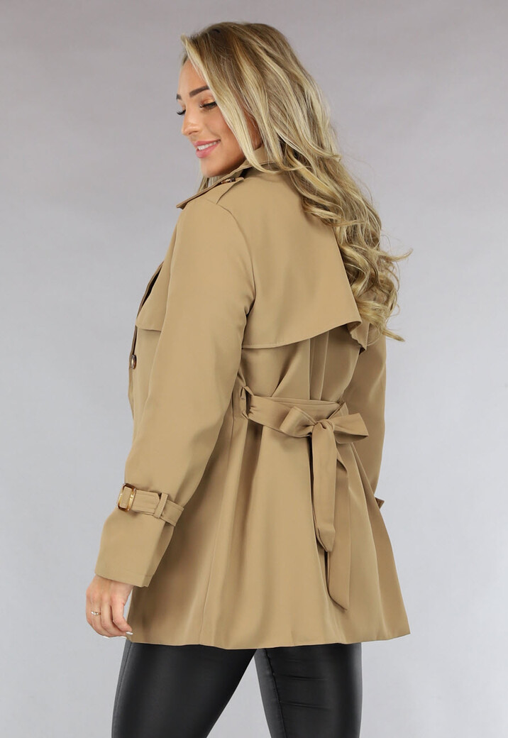Camel Trenchcoat met Ceintuur en Knoopsluiting
